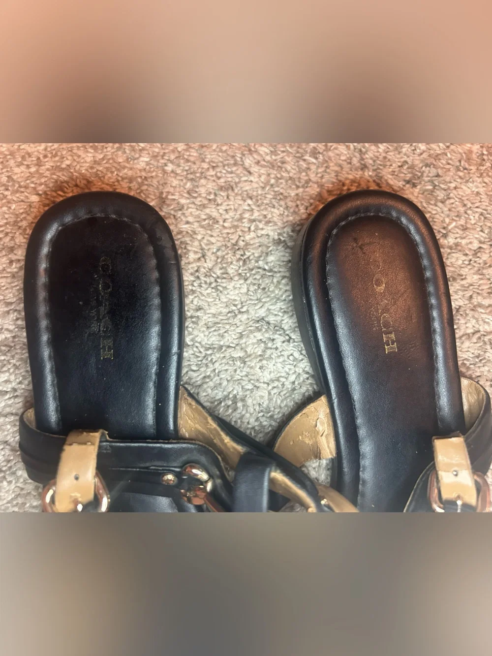 Coach Classic Black Leather T-Strap Sandals with Gold Hardware